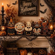 Vintage Halloween Wooden Block Decor Set, Retro Cat Ghost Pumpkin Moon Witch picture