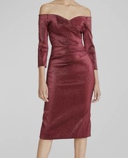 NEW Theia Women's Melanie Off-The-Shoulder Cocktail Dress 2 Burgundy Red Shimmer picture
