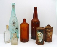Antique Glass Bottles and Beer Cans, Lot of 7 Assorted picture