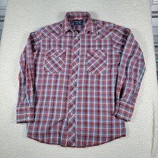 Wrangler Western Shirt Mens L Red Blue Plaid Pearl Snap Long Sleeve Yoke Pockets picture