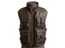Men's Distressed Brown Leather Motorcycle Vest Biker Tactical Outdoor Utility picture