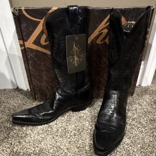 Lucchese Black Leather Western Cowboy Boots Pointed Toe Pull-On picture