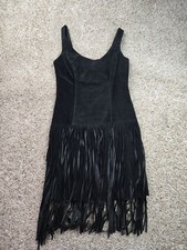 Vintage Kenar Dress Juniors 9 Black Leather Suede Fringe Tassel Lined USA picture