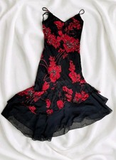 Y2K Vintage Silk Slip Black Red Floral Beaded Dress Asymmetrical Ruffle Dress 6 picture