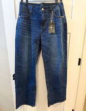 Flamingals Womens Straight Leg Jeans Blue L Stretch Denim 5-Pocket Button Zip picture
