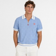 Casablanca Tennis Blue Bouclé Checkerboard Knit Polo Shirt 1/4 Zip Medium NEW picture