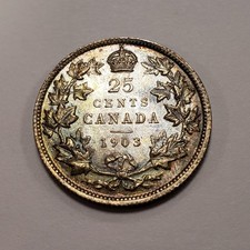 1903 Canada 25 Cents .1728 ASW - AU Luster & Rainbow Toning - KM11 - SKU-Q4737 picture