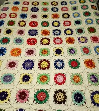 VINTAGE Crochet Granny Square Blanket Multicolor Floral Handmade 118 X 106 picture