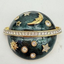 Swarovski Celestial Moon Stars Green Enamel Signed Crystal Dome Brooch Pin Heavy picture