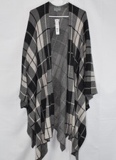 NWT JOSEPH A One Size Women's Cotton Blend Cardigan Poncho Wrap Gray Beige Plaid picture