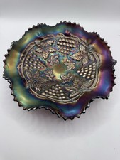 Northwood Amethyst Carnival Glass Bowl Grape And Cable Purple Ruffled Antique picture