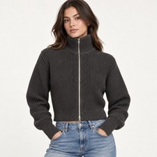 Everlane Organic Cotton Full Zip Cardigan Jacket Black Ribbed Funnel Neck Small picture