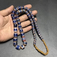Vintage Venetian Chevron Blue Glass Beads Necklace Old African Trade Beads picture