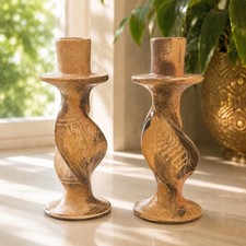 Vintage Kenyan Kisii Soapstone Twisted Candle Holders Set of 2 Handcarved Kenya picture