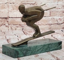 Solid Bronze Snow Ski Sculpture Sport Winter Statue Art Deco Figurine Figure picture
