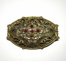 Vintage Brass Filigree Brooch Red Rhinestones picture