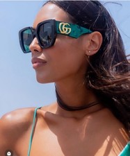 New Gucci GG0956S Oversized Geometric Women's Sunglasses Black/Green Lense picture