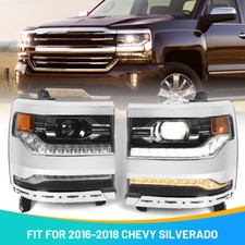Pair Chrome Full LED DRL Headlights For 2016-2018 Chevy Silverado 1500 LH RH picture