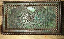 Antique Tiffany Studios Pine Needles Bronze Stamp Box Green Slag Glass picture