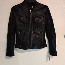 Whet Blu Black Leather Biker Jacket XS Slim Fit Full Zip Lined Zip Pockets picture