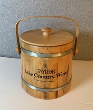 Vtg Wooden Barrel Ice Bucket With Liner Lid Handle by Taylor Lake County Wines  picture