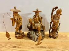 Vintage Hand Carved Wood Asian Fishermen Elder Statues 10” Set of 3 Figurines picture