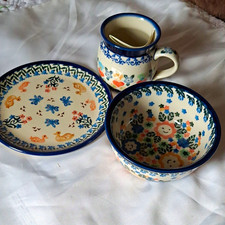 Boleslawiec Handmade In Poland Floral Childs Plate, Cup & Bowl picture