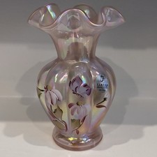 Vintage Fenton Pink Iridescent Carnival Glass Vase Hand-painted Signed + Sticker picture