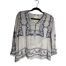 Anthropologie Maeve Navy & Ivory Boho Print Blouse Size Medium picture