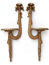 Vintage Pair Gold Gilt Wood Wall Shelves Bow Tassel Hollywood Regency 14