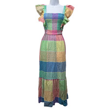 Gap Midi Dress Womens Small Linen Tiered Colorful Plaid Preppy Ruffle Cottage picture