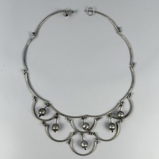 Vintage Taxco Mexico 925 Sterling Silver Scallop Ball Bib Necklace Signed EAG 3 picture