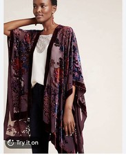 Wehello Maroon Velvet Burnout Floral Kimono OS One Size Duster Wrap picture