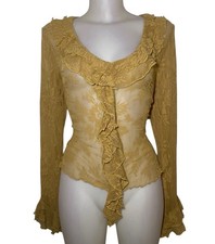Vtg 90s Womens Victorian Gold Floral Lace Mesh Sheer Ruffle Top Sz M Whimsigoth picture