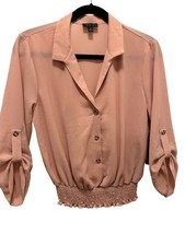New Mauve Pink Long Sleeve Blouse Cinched Waist Deep V-Neck sz M picture