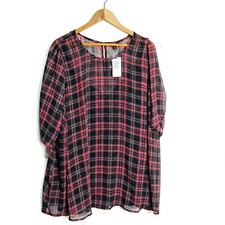 Torrid Plus 4 4X Top Red Plaid Chiffon Lurex Ruched Short Sleeves Fall Holiday picture