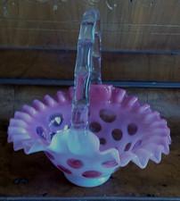Vintage Fenton Cranberry Opalescent Coin Dot Opalescent Basket 6''X6