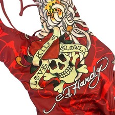 Ed Hardy Swimsuit Women Large Red NWT Love Kills Slowly Skull Tattoo One Piece picture