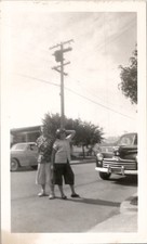 Classic Ford Coupe Car Goofy Women on Street Candid Snapshot 1950s Vintage Photo picture