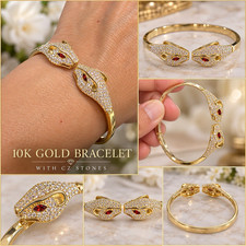 10k Yellow Gold CZ Snake Head Hinged Bangle Cuff Bracelet Pavé Marquise picture