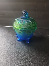 Vintage Jeanette Glass Grape Leaf Blue Green Carnival Footed Candy Dish 6.75 In picture