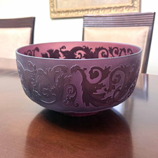 Daum Style Vintage Amethyst Etched Leaf Scroll Cameo Art Glass Decorative Bowl picture