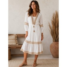 Cato Collection Limited Edition White Eyelet Lace Up Midi Dress Tassel Small picture