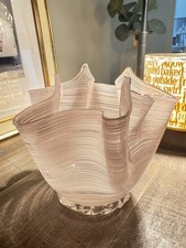 Vintage Murano Style Pink Threaded Art Glass Fazzoletto Handkerchief Vase 4.5” picture