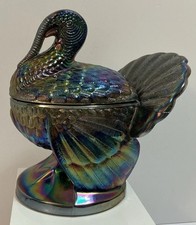 VINTAGE L.E. SMITH CARNIVAL GLASS TURKEY ON NEST CANDY DISH STUNNING COLORS 8” picture