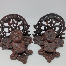 Pair Vintage Cast Iron Cherub Angel Floating Wall Shelves Gothic Decor picture