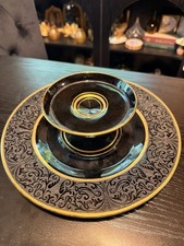 Rare Vintage Cambridge Ebony Gold “Bordero” Cheese & Cracker Set Etch 774  picture