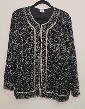 Vintage Fully Beaded Black Silver  Cocktail Jacket M 100% Silk Elegant Art Deco picture