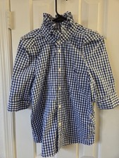 KMJ Kate McHale Jensen Blouse Ruffle Neck SMALL Blue White Checkered  picture