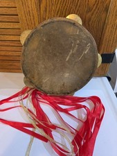 Vintage Handcrafted Egyptian Riq Tambourine with Geometric Inlay and Brass Cymba picture